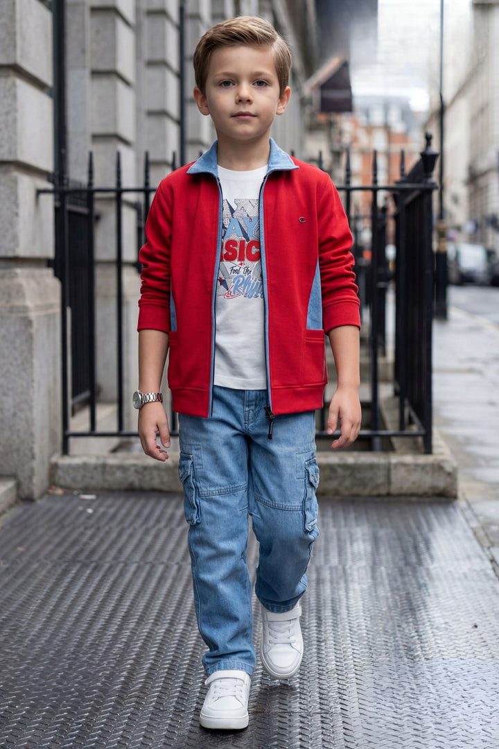 Red with Blue Blazer, Printed T-Shirt and Pant Set for Boys