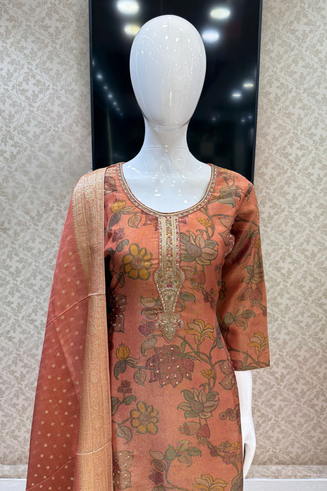 Rust Orange Sequins, Beads, Zardozi and Banaras work Straight Cut Salwar Suit