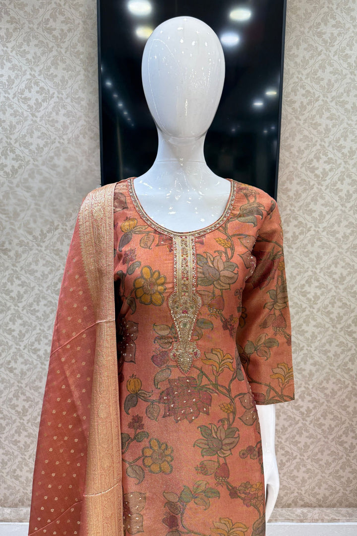 Rust Orange Sequins, Beads, Zardozi and Banaras work Straight Cut Salwar Suit