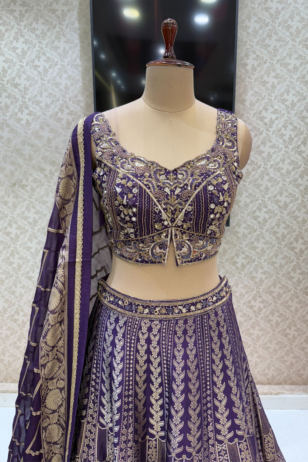 Purple Mirror, Beads, Zari, Banaras and Sequins work Crop Top Lehenga