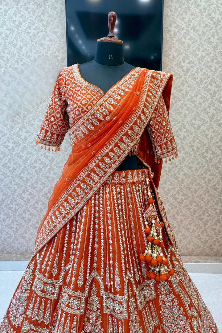 Rust Handworked Zardozi, Sequins, Pearl and Beads work Crop Top Designer Bridal Lehenga