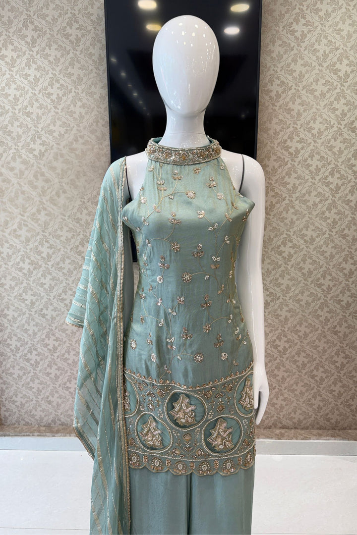 Sea Green Zari, Sequins and Beads work Palazzo Salwar Suit
