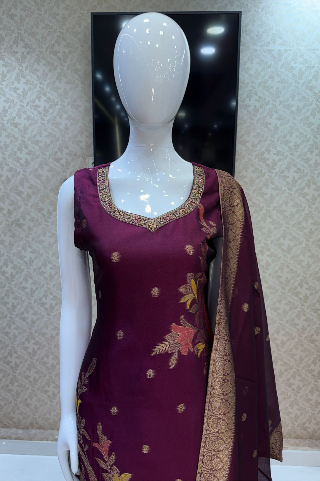 Wine Banaras, Zardozi, Beads, Zari, Stone and Mirror work Straight Cut Salwar Suit