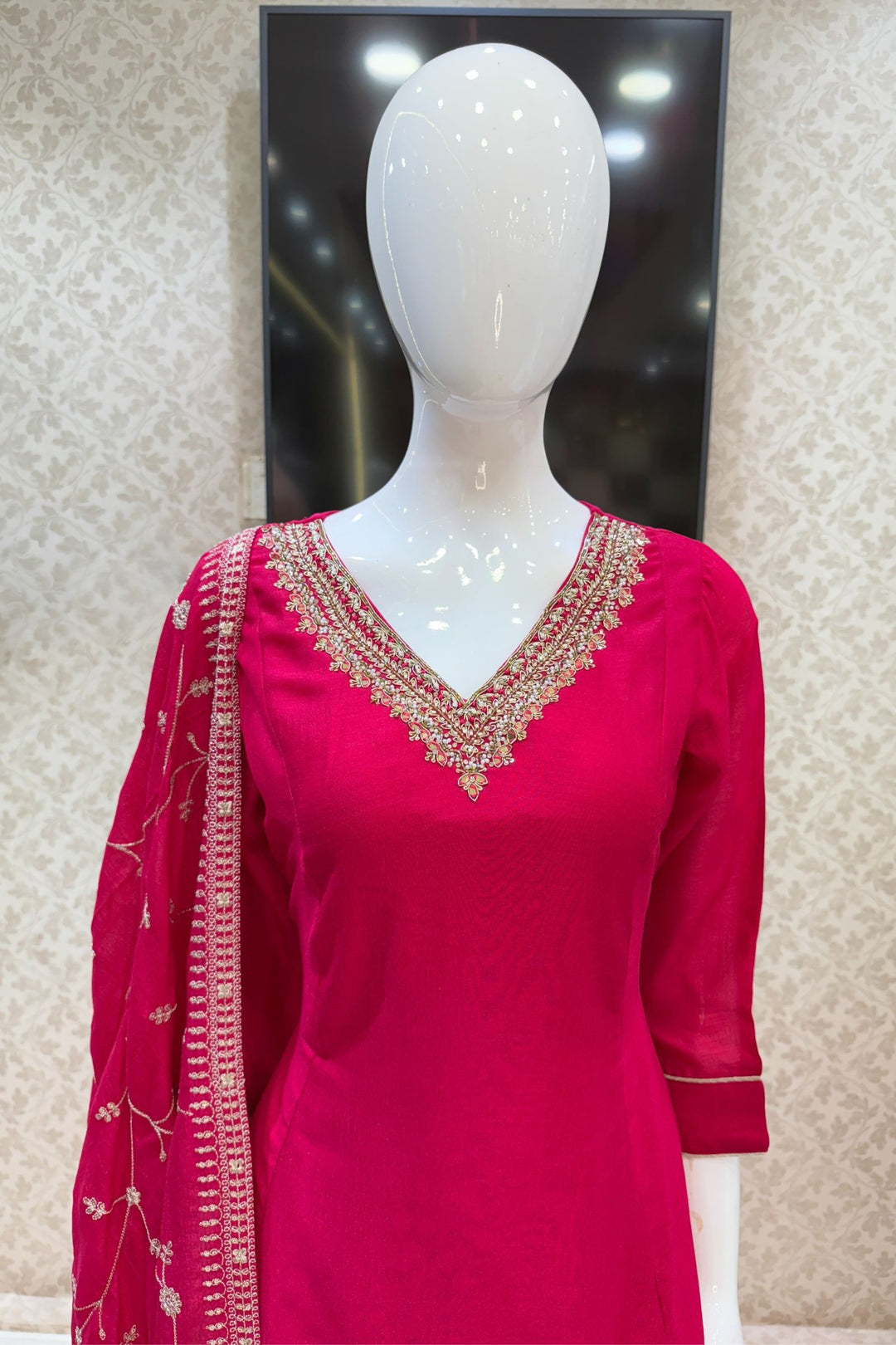Rani Pink Beads, Pearl, Zardozi, Stone, Zari and Sequins work Aline Cut Salwar Suit