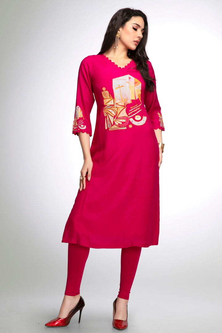 Pink Stone, Zari and Thread work with Digital Print Calf Length Kurti