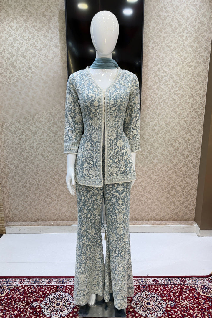 Firozi Blue Chikankari, Sequins and Zari work Palazzo Suit Set