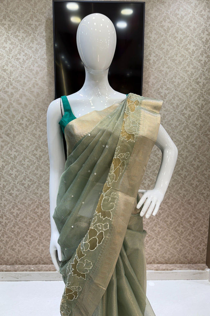 Pista Green Pearl and Thread work Saree
