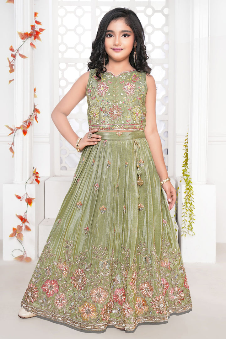 Green Beads, Sequins and Multicolor Thread work Lehenga Choli for Girls