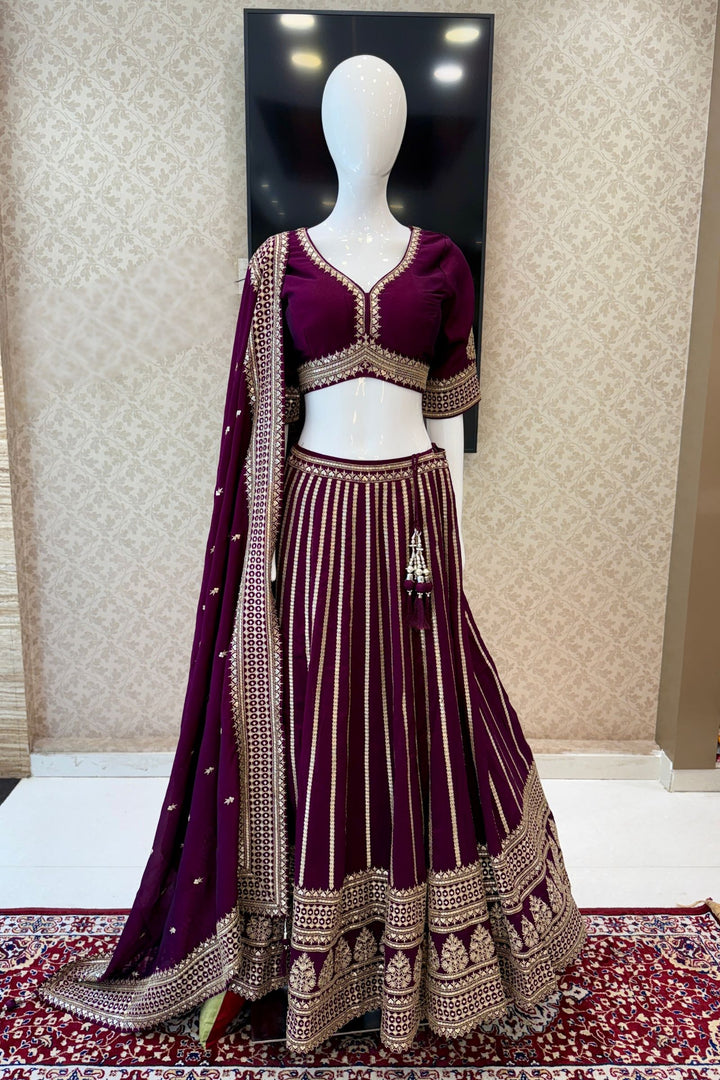 Wine Sequins and Zari work Crop Top Lehenga