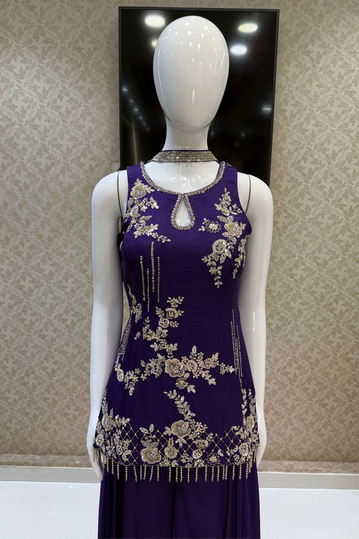 Purple Zardozi, Stone, Beads, Sequins and Pearl work Palazzo Salwar Suit