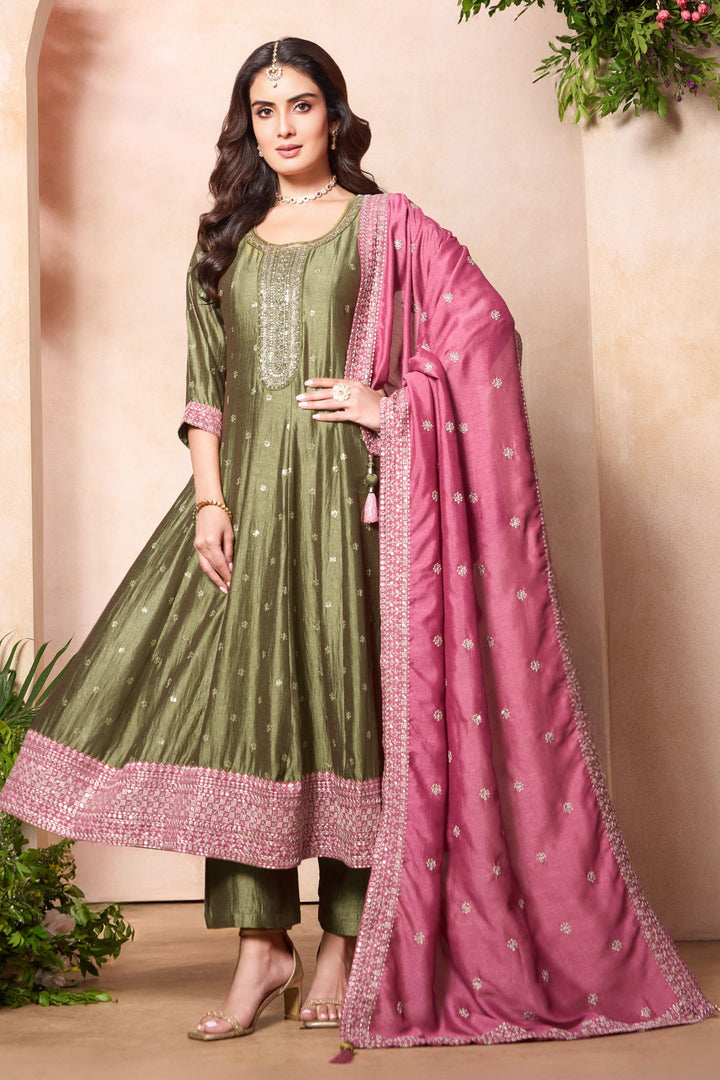 Olive Green Beads, Zardozi, Thread, Sequins, Stone and Zari work A-line Cut Salwar Suit