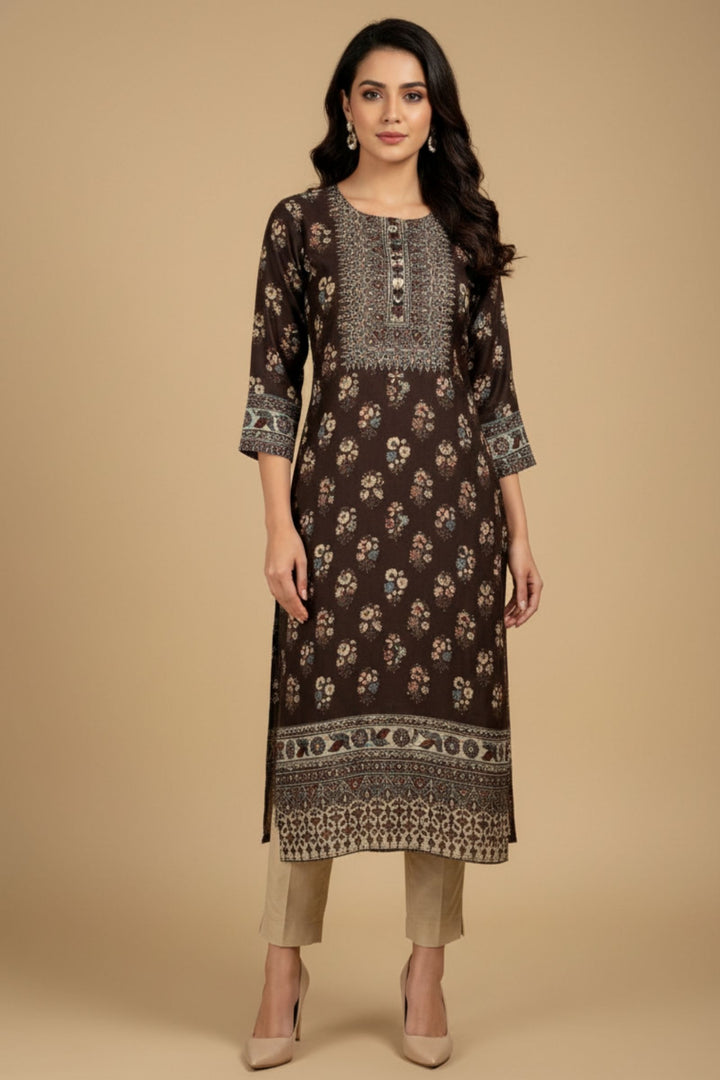 Black Beads and Sequins work with Digital Print Calf Length Kurti