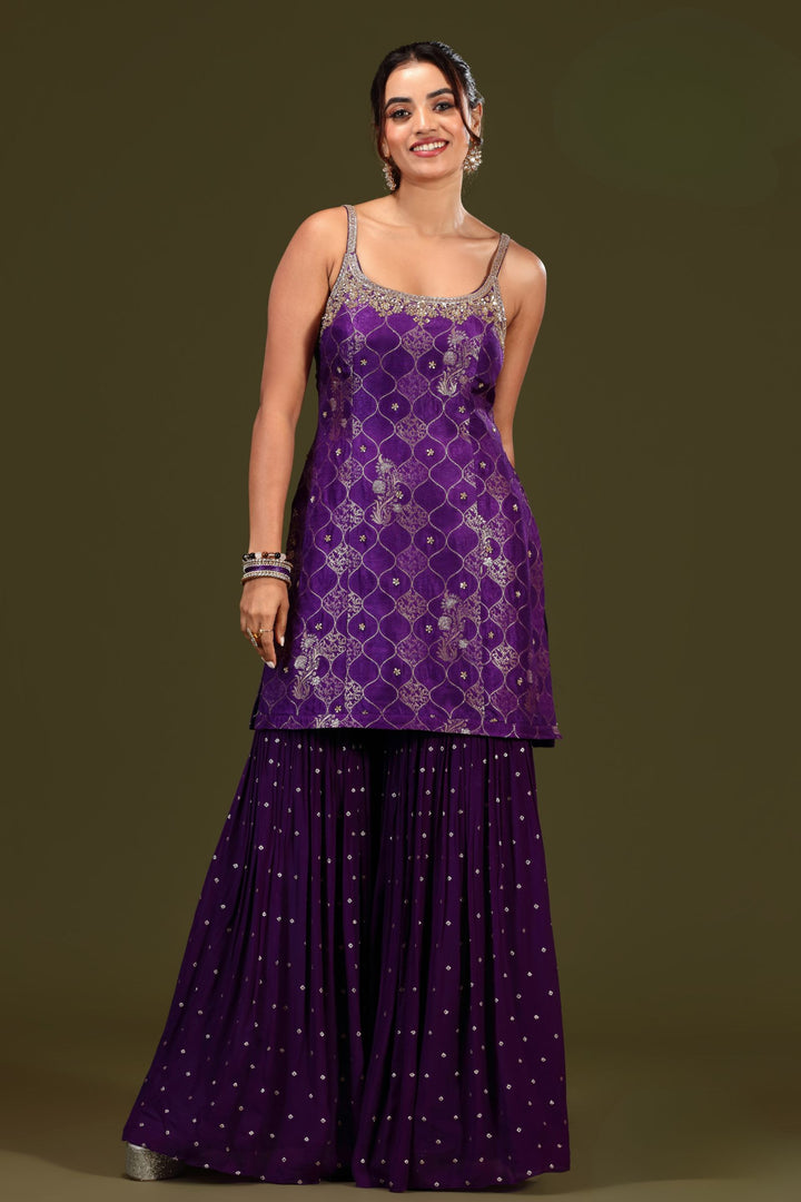 Purple Banaras, Sequins, Beads, Stone and Zardozi work Sharara Salwar Suit