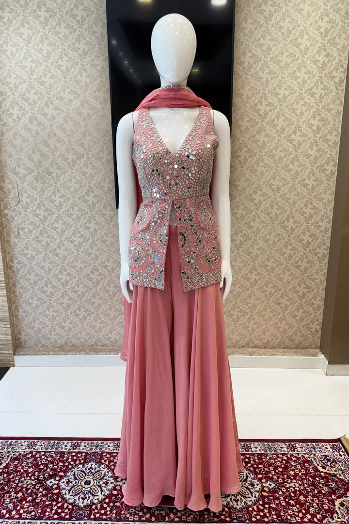 Pink Mirror, Zari and Stone work Top with Palazzo Pant Set