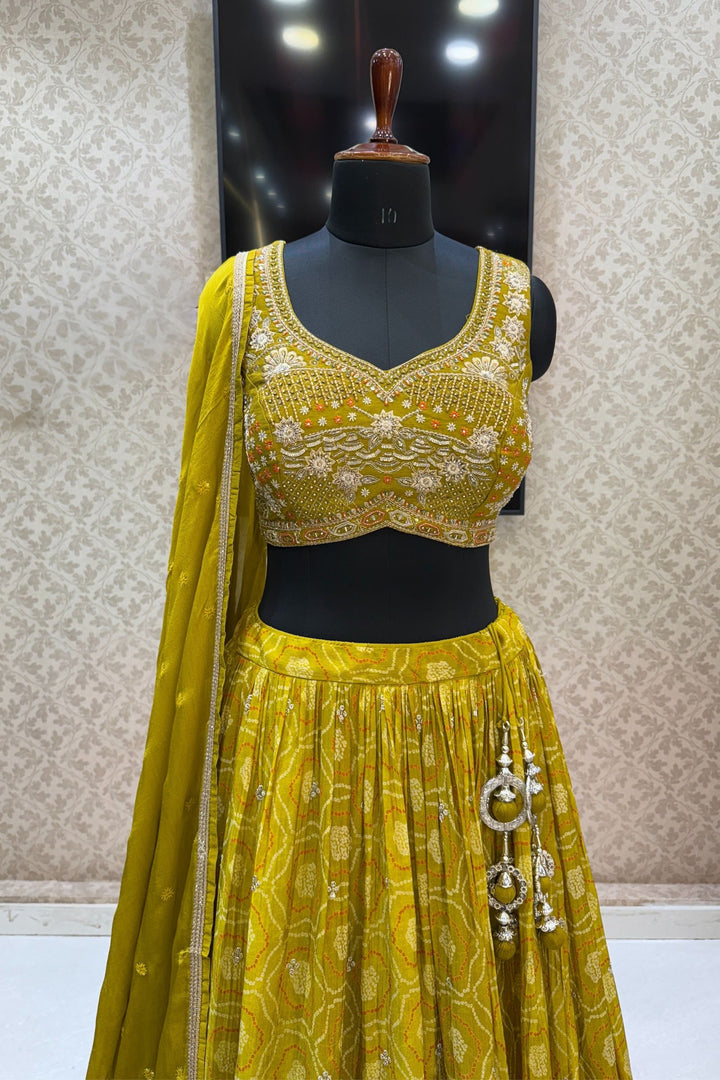 Liril Green Stone, Zardozi, Sequins and Mirror work with Bandini Print Crop Top Lehenga