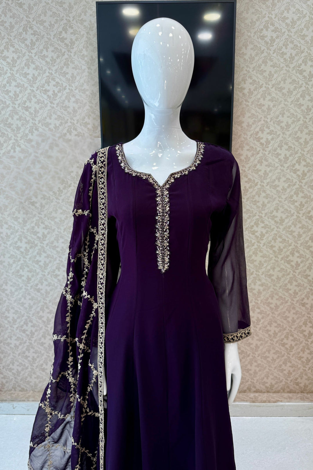 Dark Wine Stone, Sequins, Zardozi and Beads work Aline Cut Salwar Suit