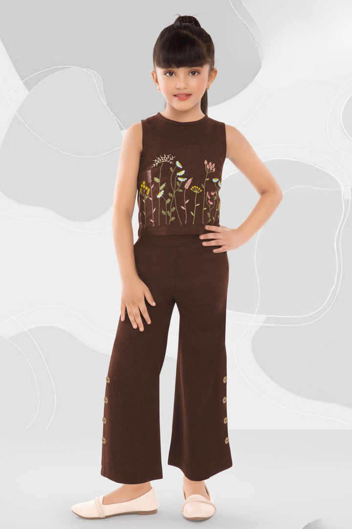Brown Multicolor Thread work Co-ord Set for Girls