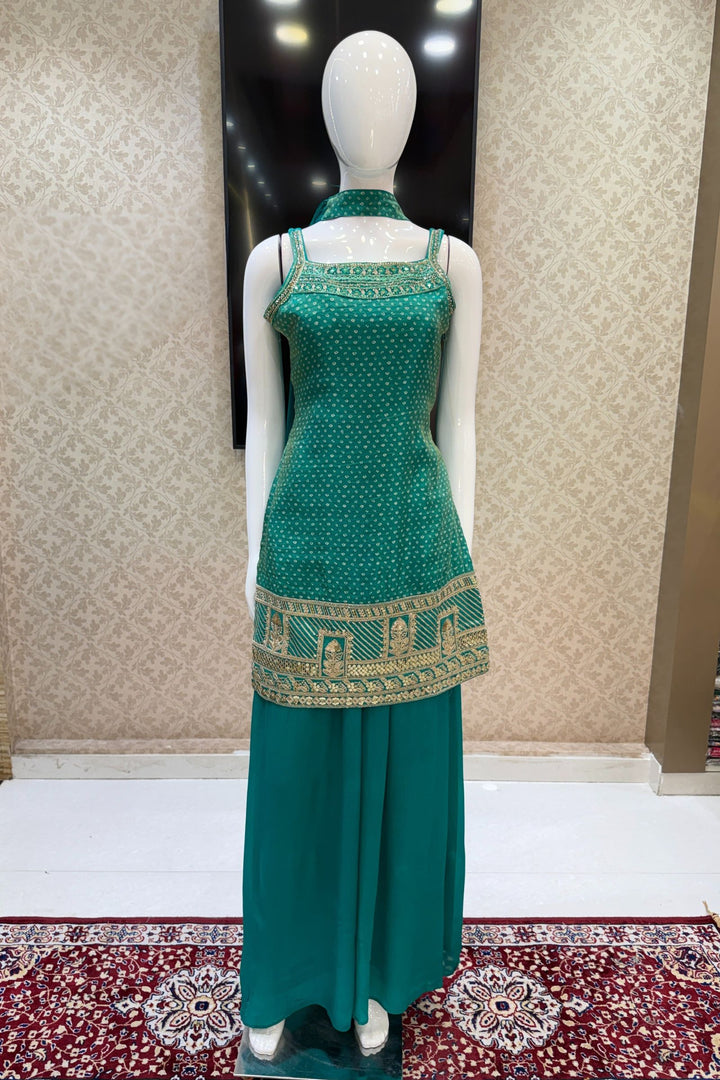 Rama Green Sequins, Beads, Stone and Zari work with Bandini Print Palazzo Salwar Suit