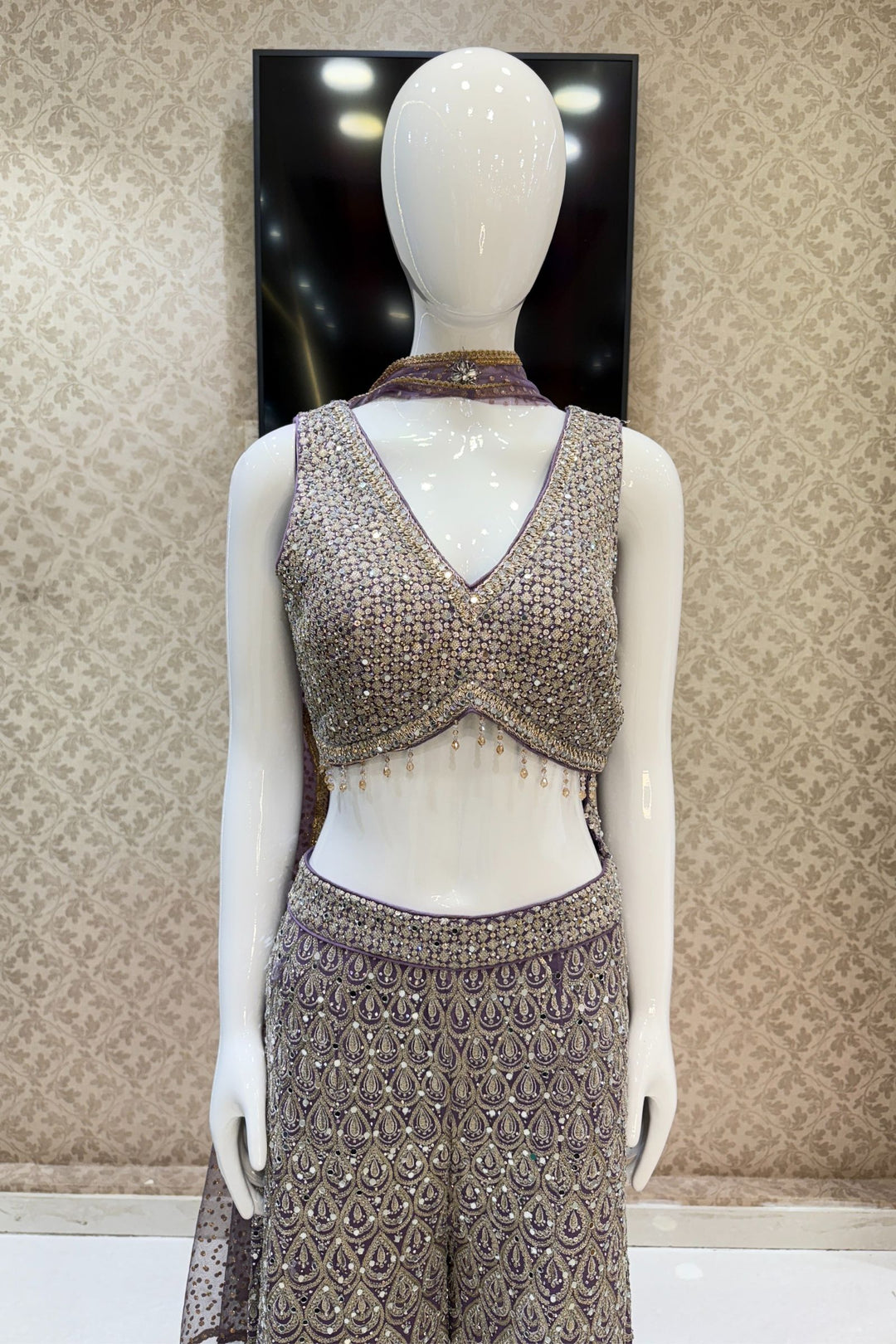Lilac Zari, Sequins, Zardozi, Beads, Mirror and Stone work Crop Top with Palazzo Pant