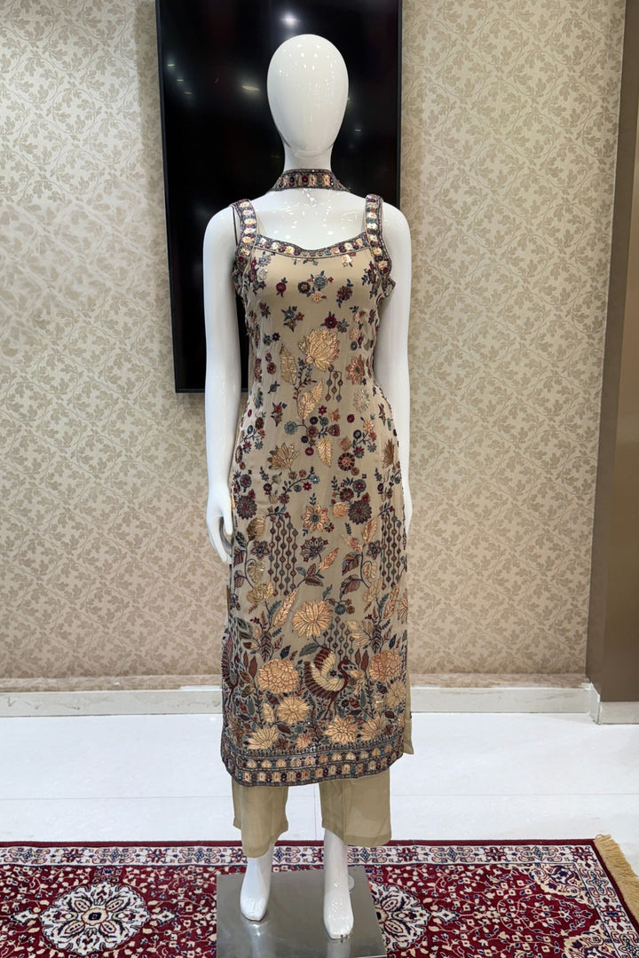 Chikoo Embroidery and Sequins work Straight Cut Salwar Suit