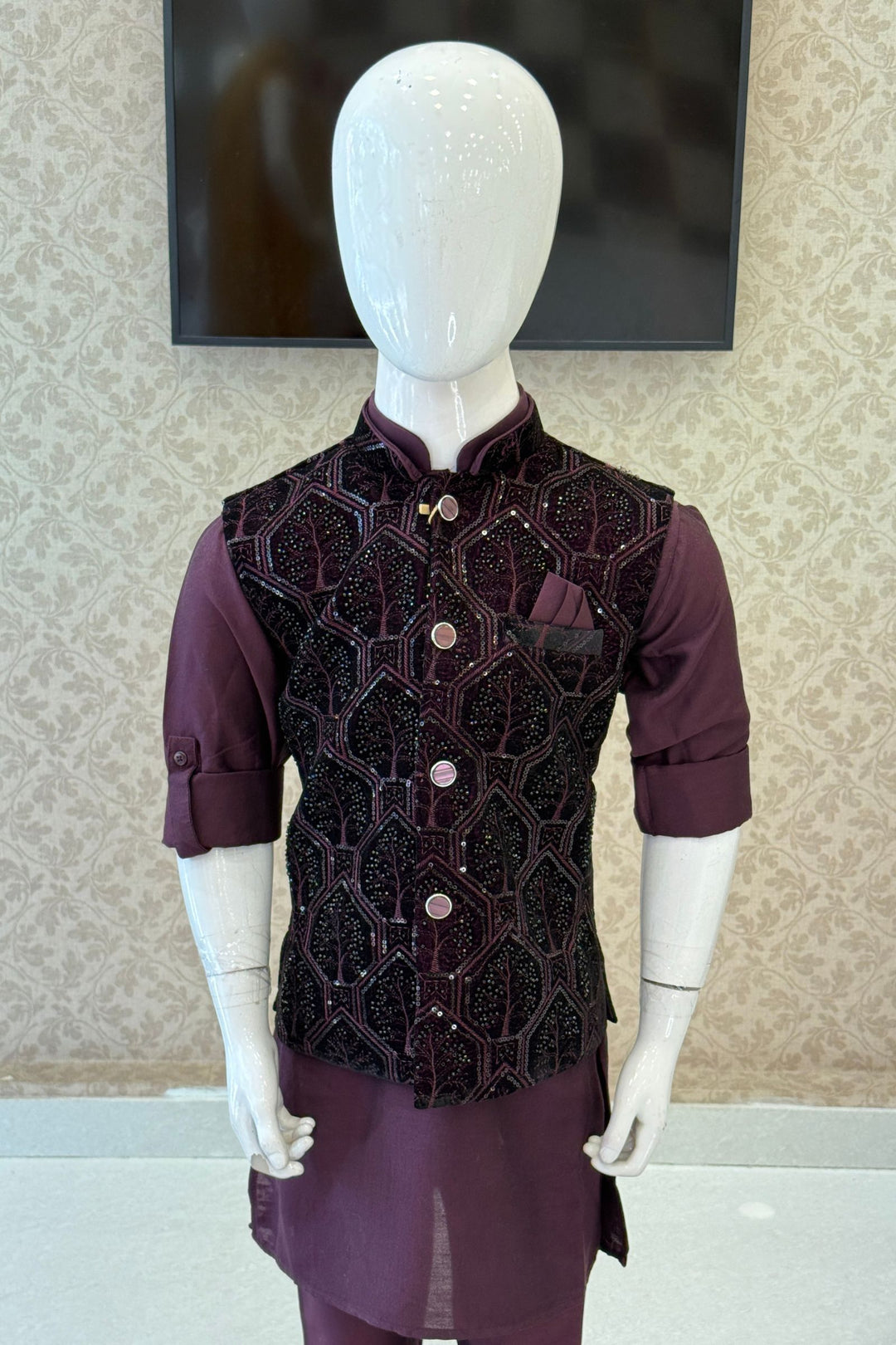 Wine Sequins, Beads and Thread work Waist Coat Kurta Set for Boys
