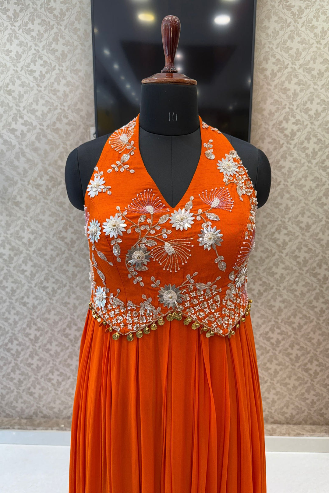 Orange Beads and Zari work Halter Neck Floor Length Anarkali Suit