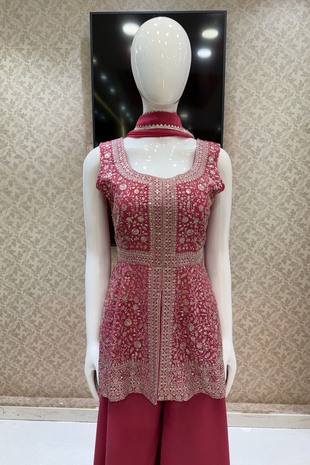 Dark Pink Silver Zari and Sequins work Peplum Top with Palazzo Suit Set