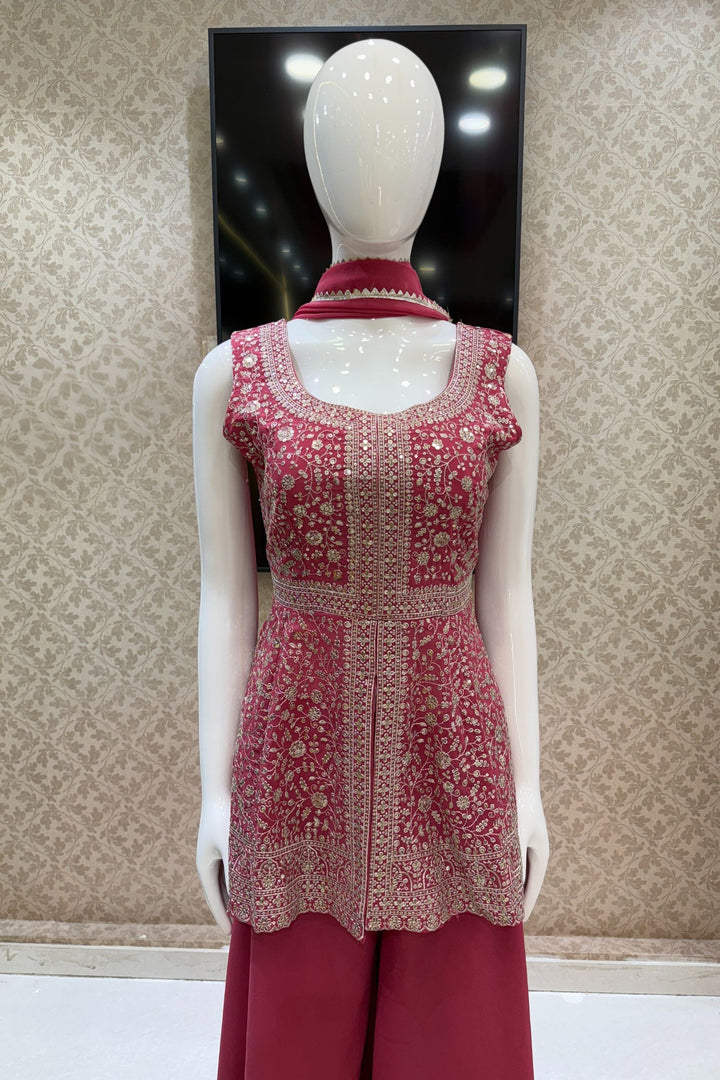 Dark Pink Silver Zari and Sequins work Peplum Top with Palazzo Suit Set