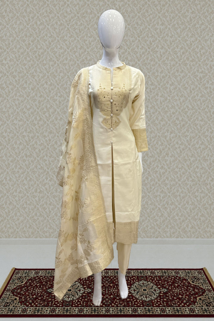 Cream Straight Cut Salwar Suit with Stone, Mirror and Banaras work