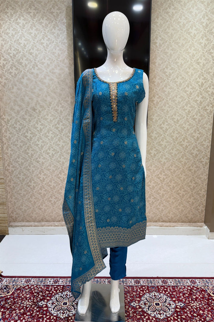 Rama Blue Zari Weaving and Banaras work with Bandini Print Straight Cut Salwar Suit
