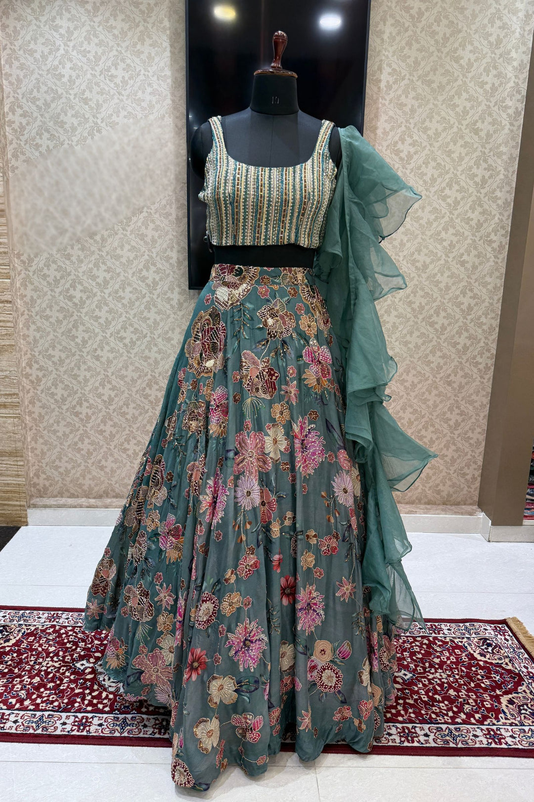 Pastel Green Beads, Zardozi, Sequins, Stone and Zari work with Floral Print Lehenga Set