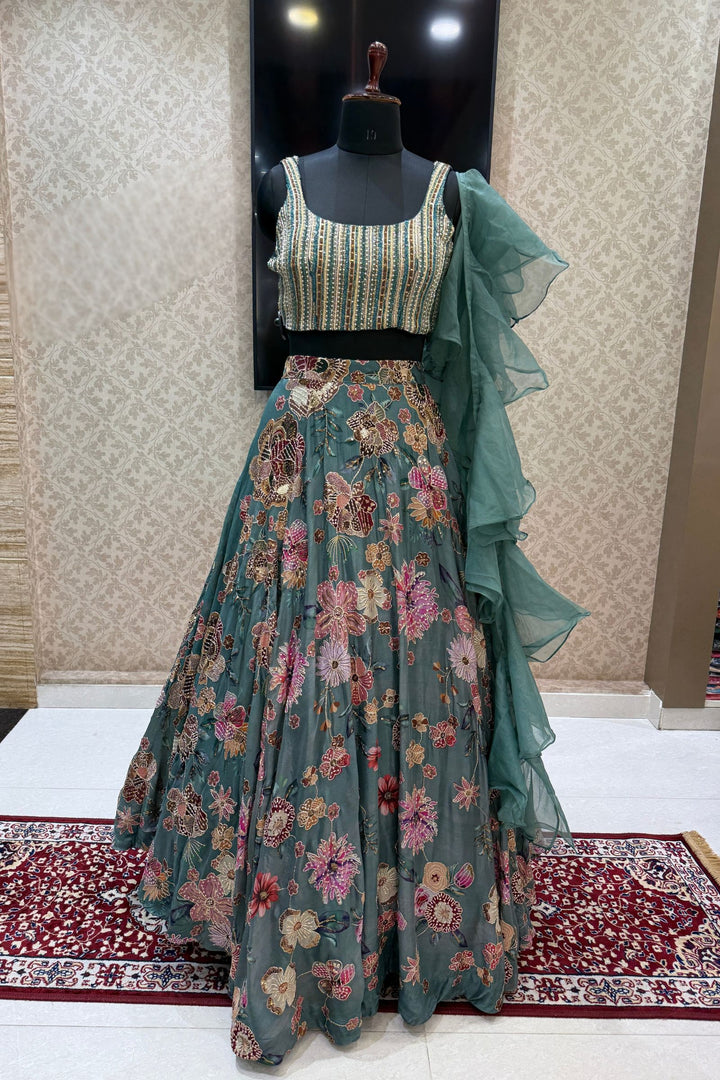 Pastel Green Beads, Zardozi, Sequins, Stone and Zari work with Floral Print Lehenga Set