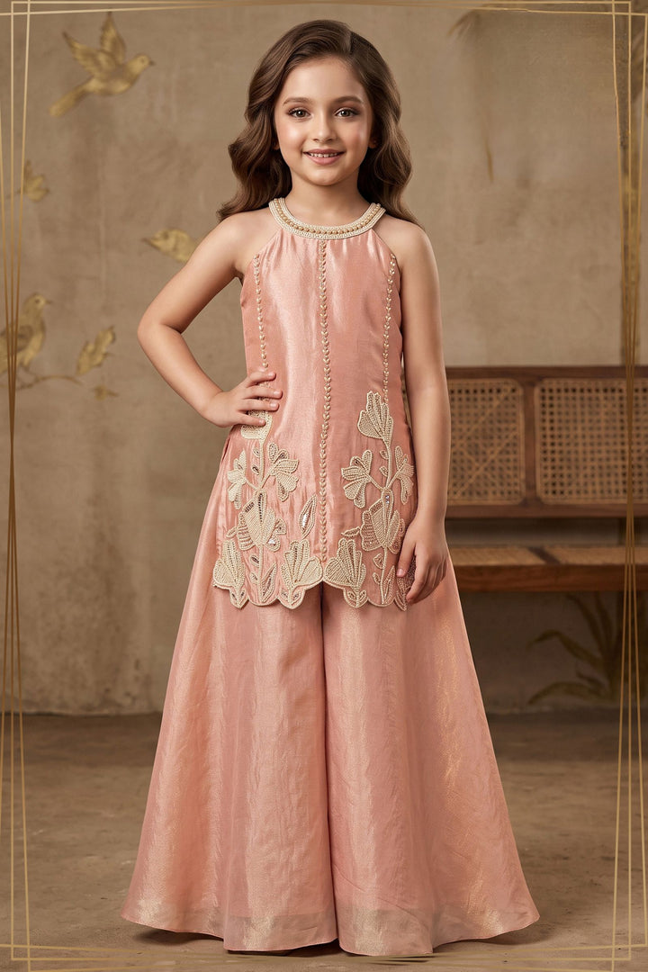 Peach Beads work Palazzo Suit Set for Girls