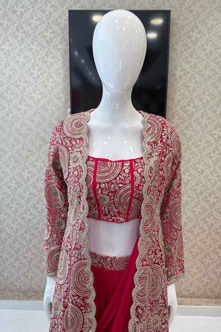 Rani Pink Drape Style Lehenga with Sequins, Stone and Zari work Long Overcoat