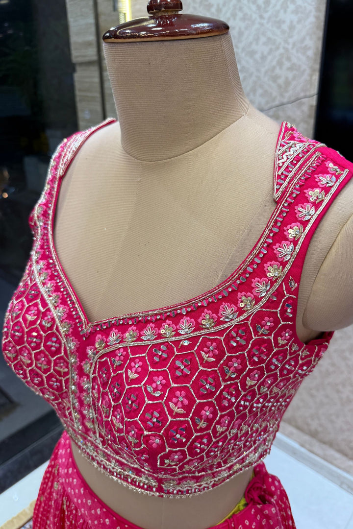 Rani Pink Mirror, Stone, Zardozi and Sequins work with Bandini Print Crop Top Lehenga