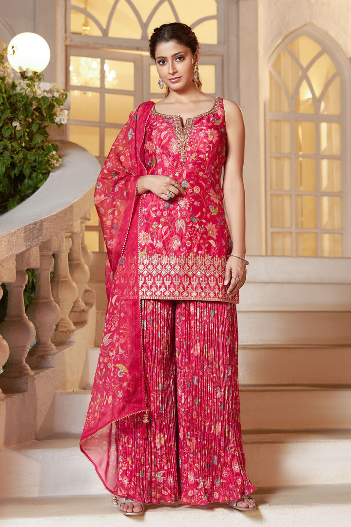 Pink Sequins, Zari, Beads, Mirror and Stone work Palazzo Suit Set