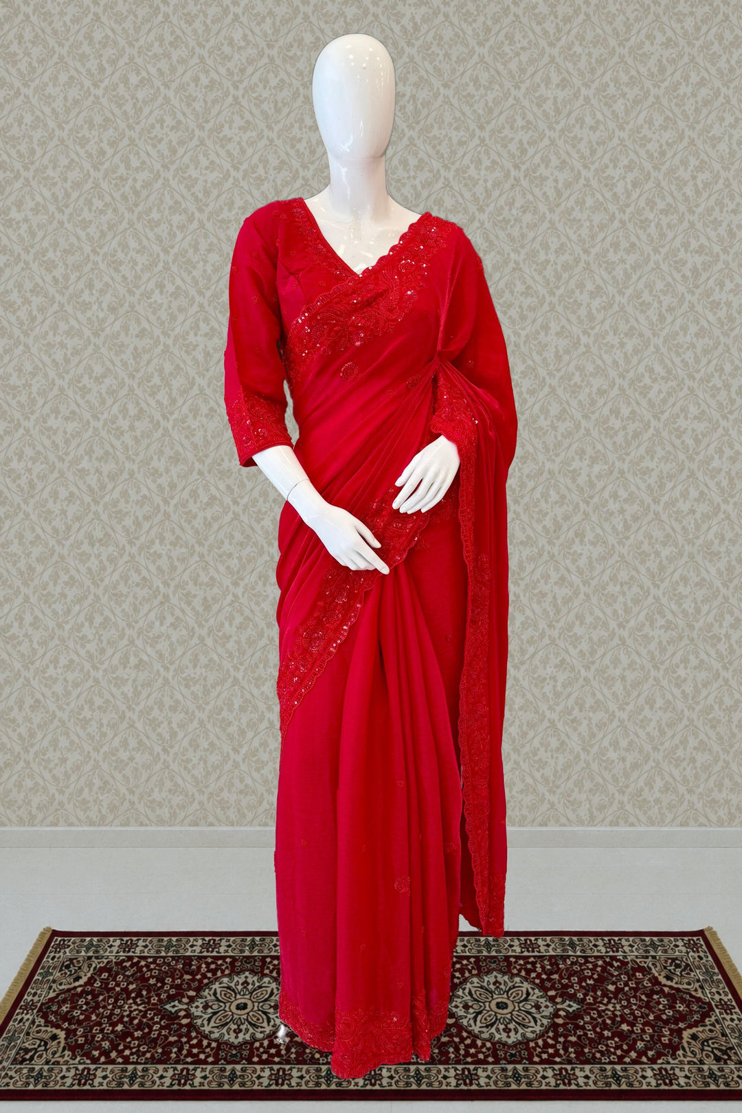 Red Beads, Thread and Sequins work Saree