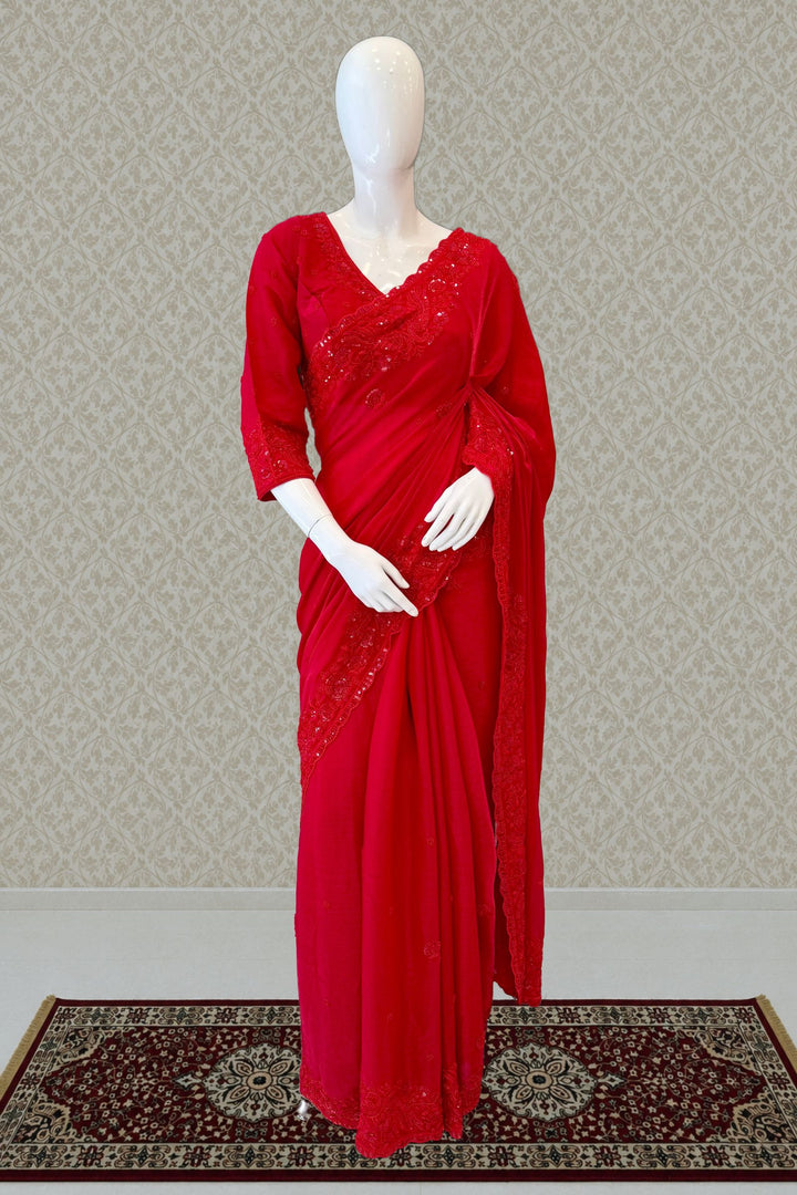 Red Beads, Thread and Sequins work Saree