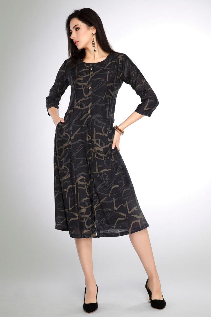 Black with Digital Print A-line Cut Calf Length Kurti