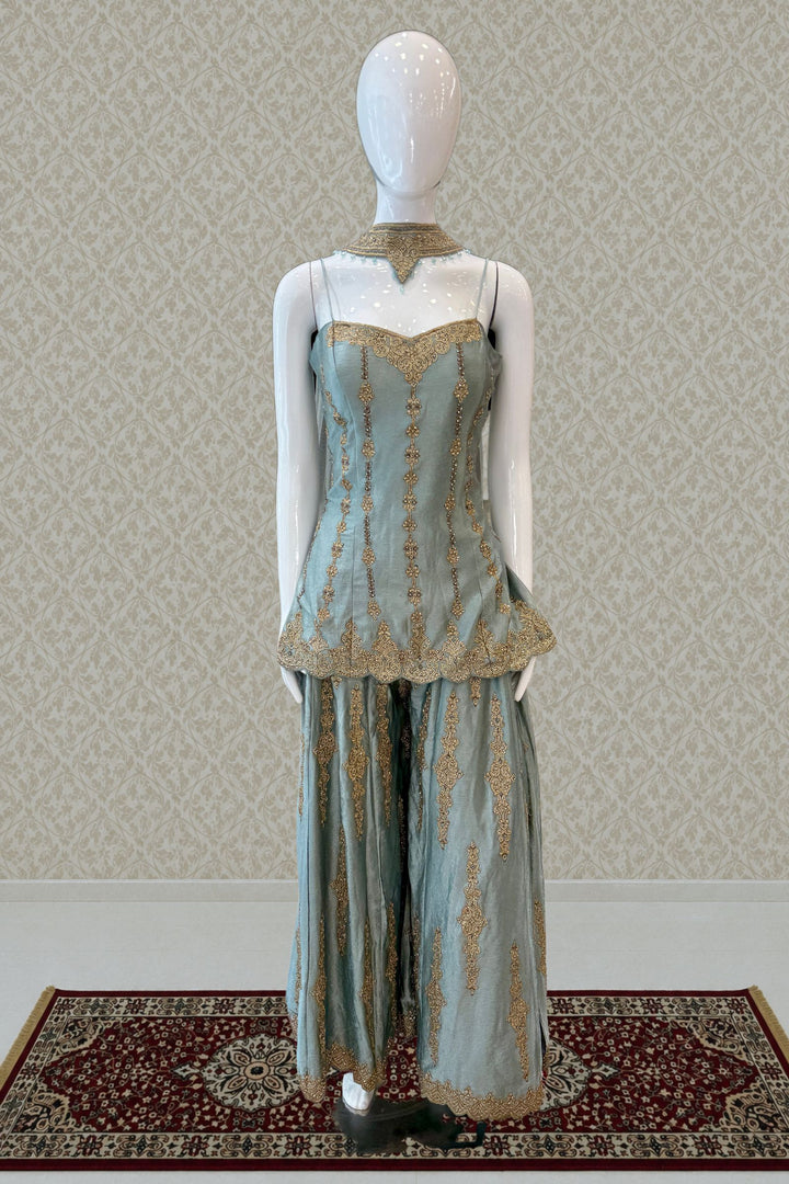 Sea Blue Palazzo Salwar Suit with Stone, Zari and Embroidery Detailing