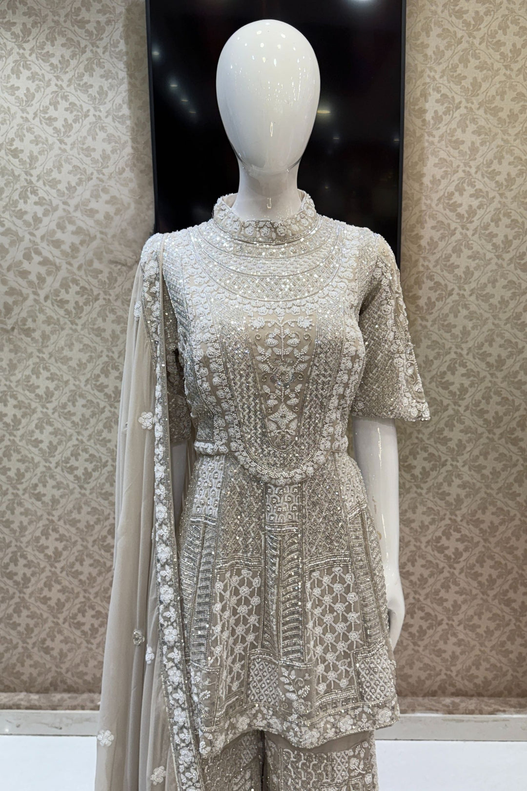 Beige Sequins and Beads work Sharara Salwar Suit
