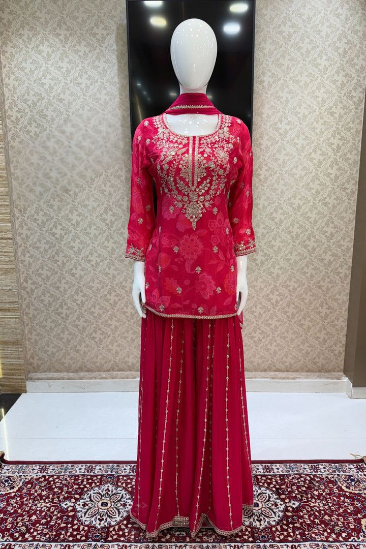 Rani Pink Sequins and Zari work with Digital Print Palazzo Salwar Suit