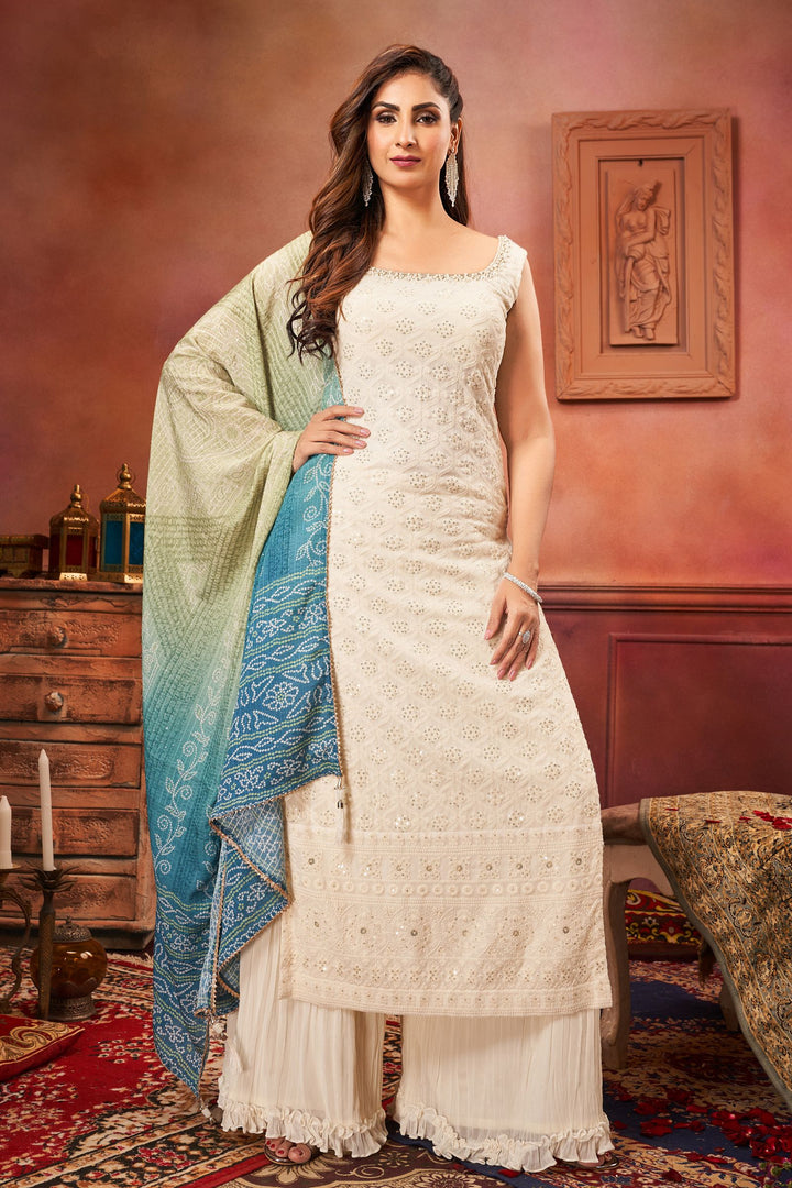 Cream Sequins and Thread work Salwar Suit with Palazzo Pants with Bandini Print Dupatta