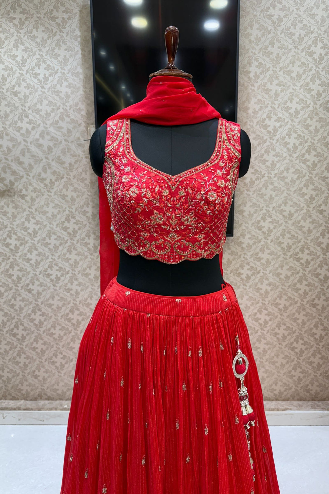 Red Mirror, Zardozi, Beads, Thread, Stone, Zari and Sequins work Crop Top Lehenga