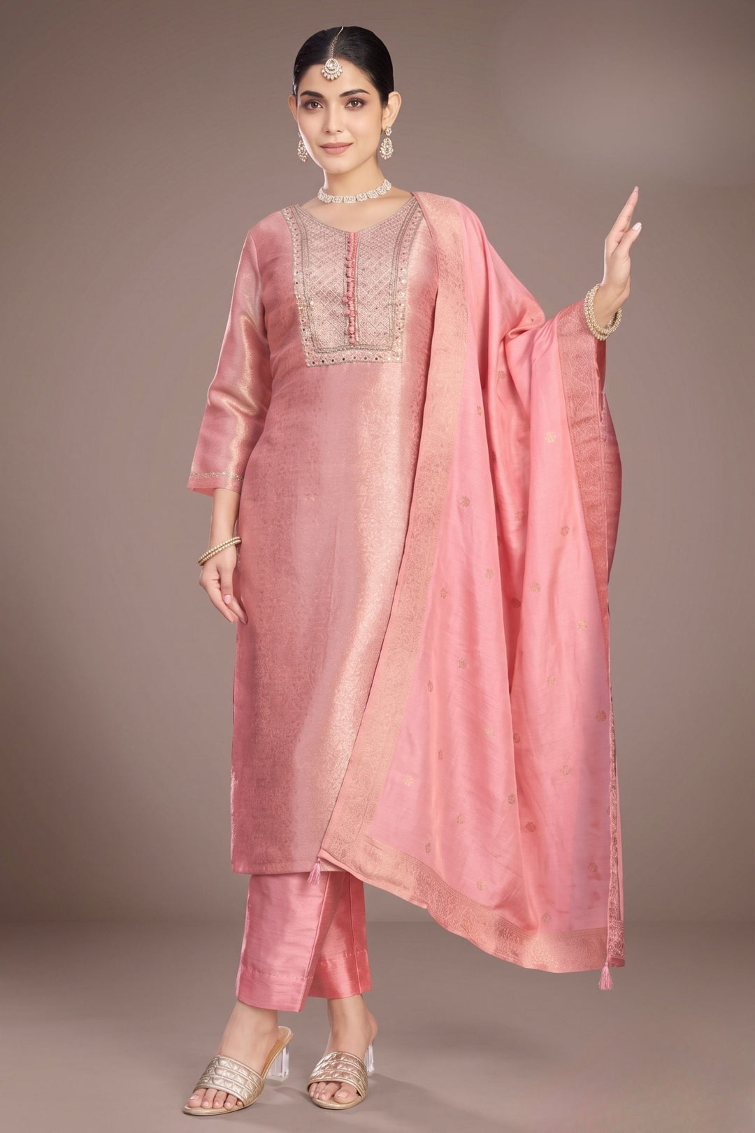 Lotus Pink Brocade, Stone, Zardozi, Mirror and Beads work Straight Cut Salwar Suit