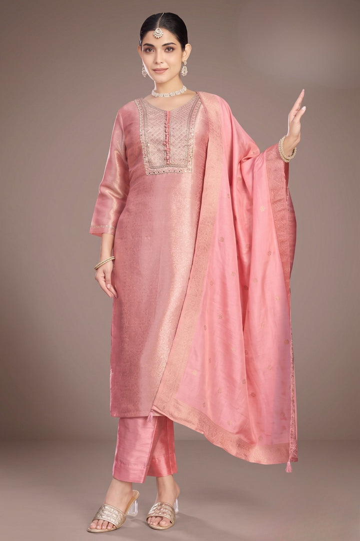 Lotus Pink Brocade, Stone, Zardozi, Mirror and Beads work Straight Cut Salwar Suit