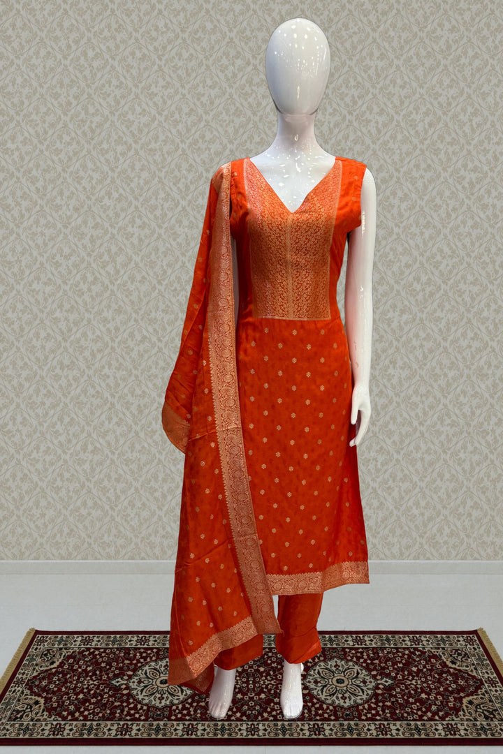 Orange Banaras work V-Neck Straight Cut Salwar Suit