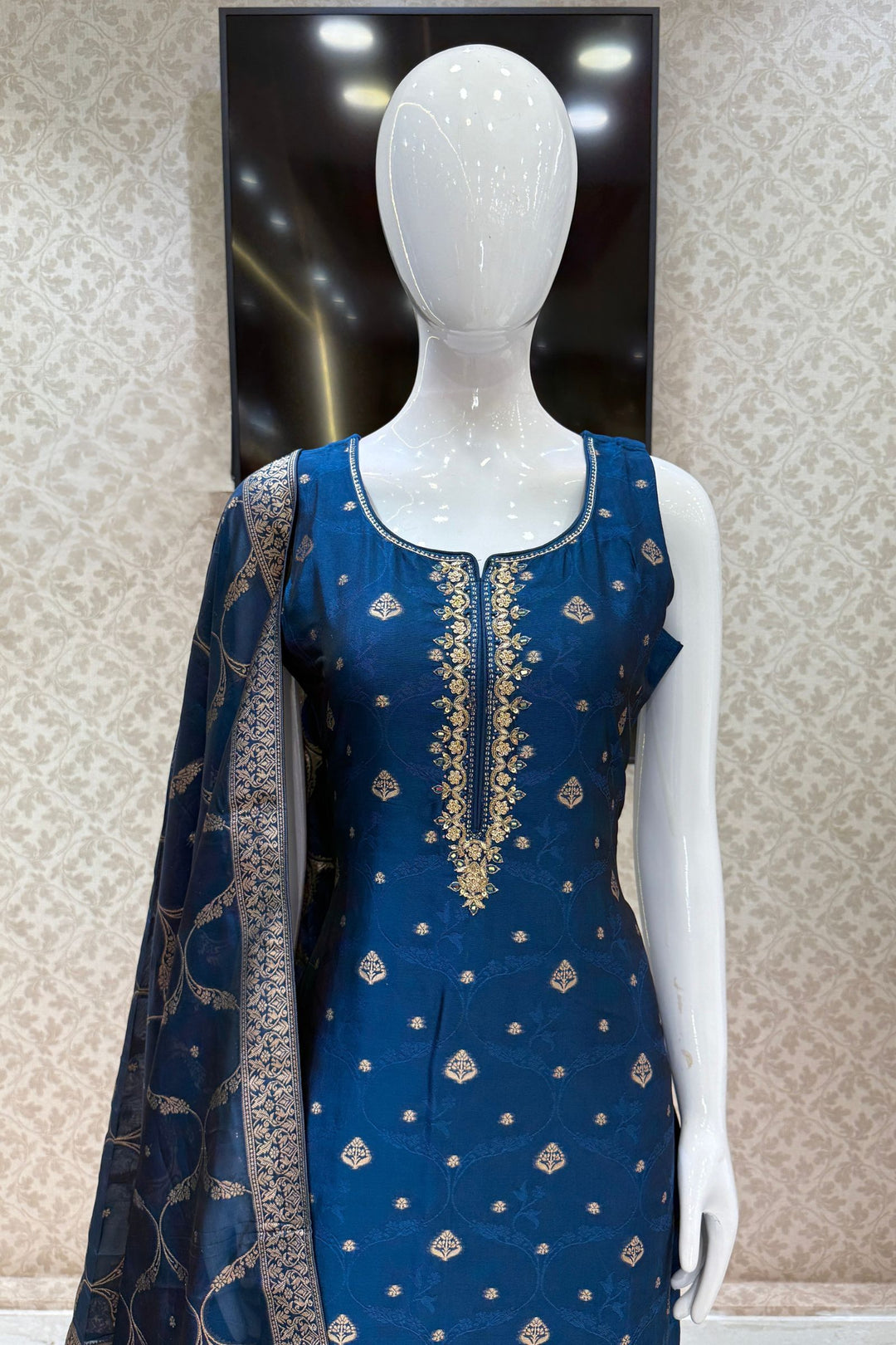Teal Blue Zardozi, Sequins, Mirror, Stone, Brocade and Banaras work Straight Cut Salwar Suit