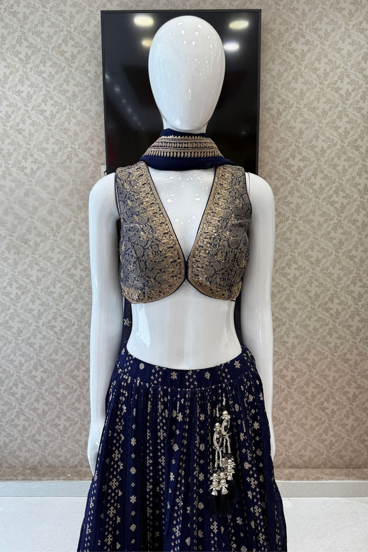 Royal Blue Brocade, Beads, Zari, Zardozi and Sequins work Crop Top Lehenga