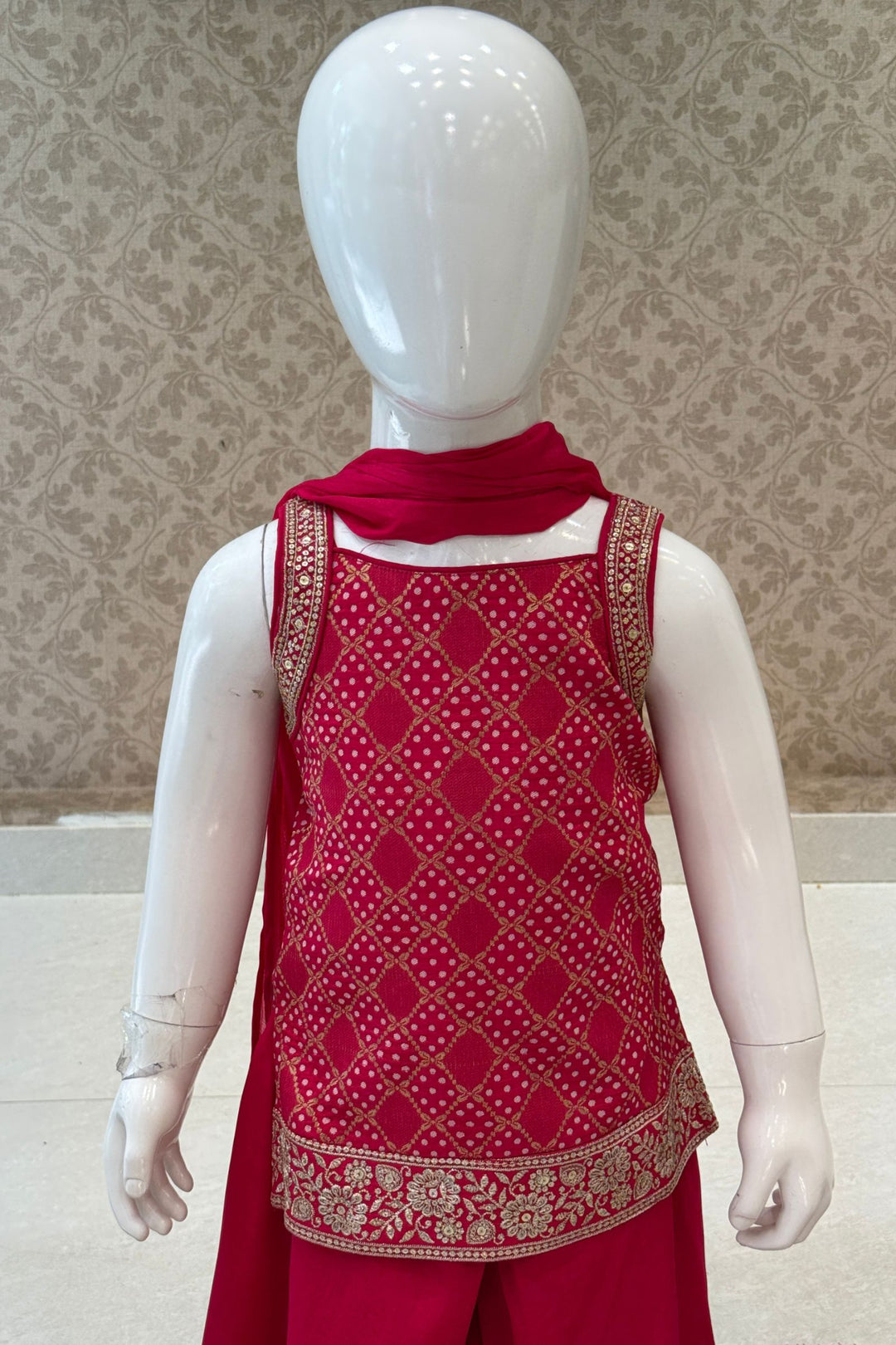 Rani Pink Banaras, Zari and Sequins work Palazzo Suit Set for Girls